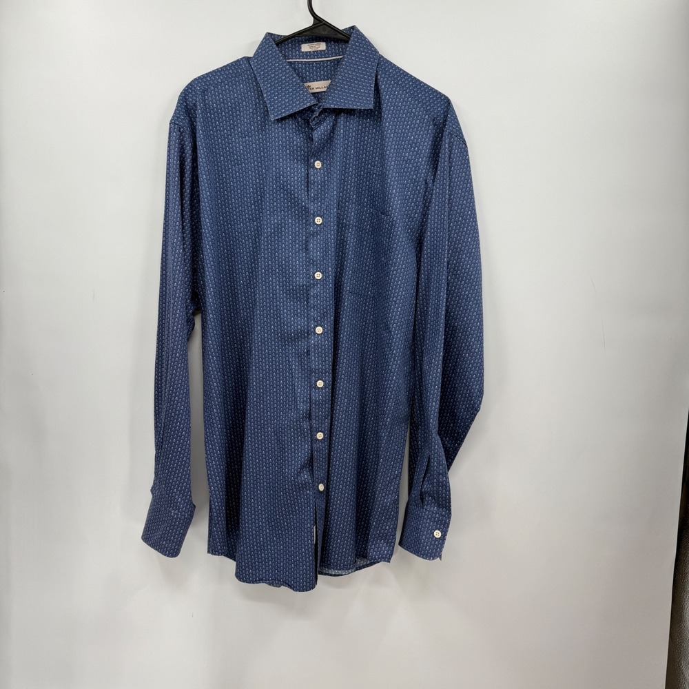 Peter Millar Mens Extra Large Blue Skull Pattern Dress Shirt Cotton Long Sleeve